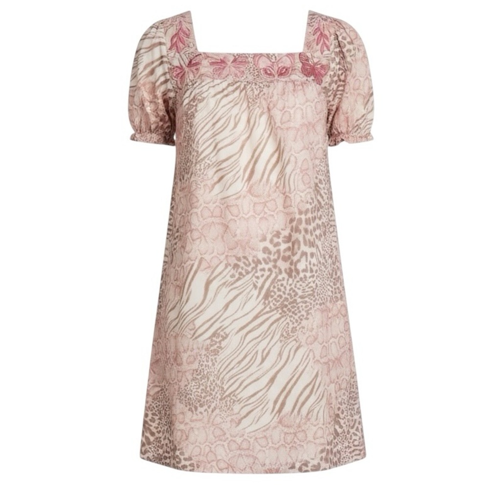 Johnny Was Jayla Square Neck Park Dress Pink Animal Print Butterfly Mini XS NWT